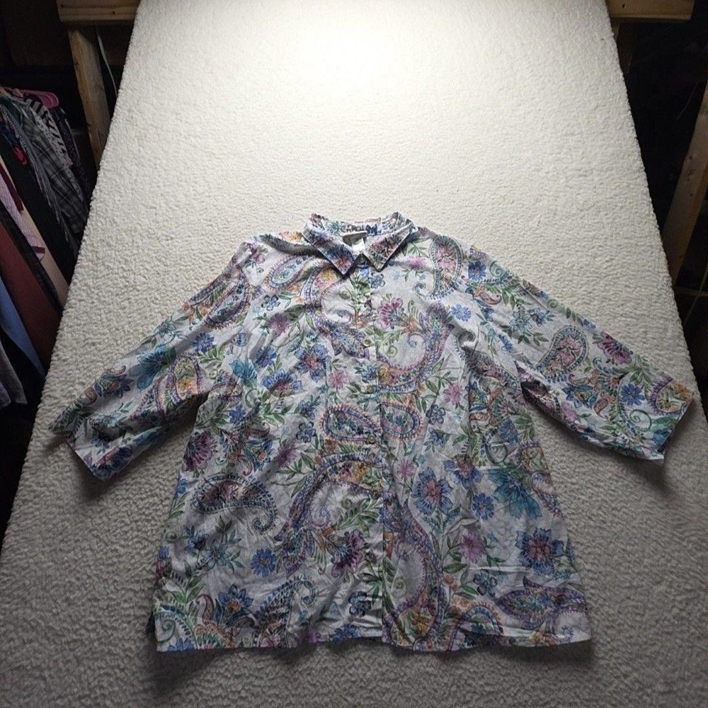 Alfred Dunner Button Up Shirt Womens Plus 3X Multicolor 3/4 Sleeve Paisley Top